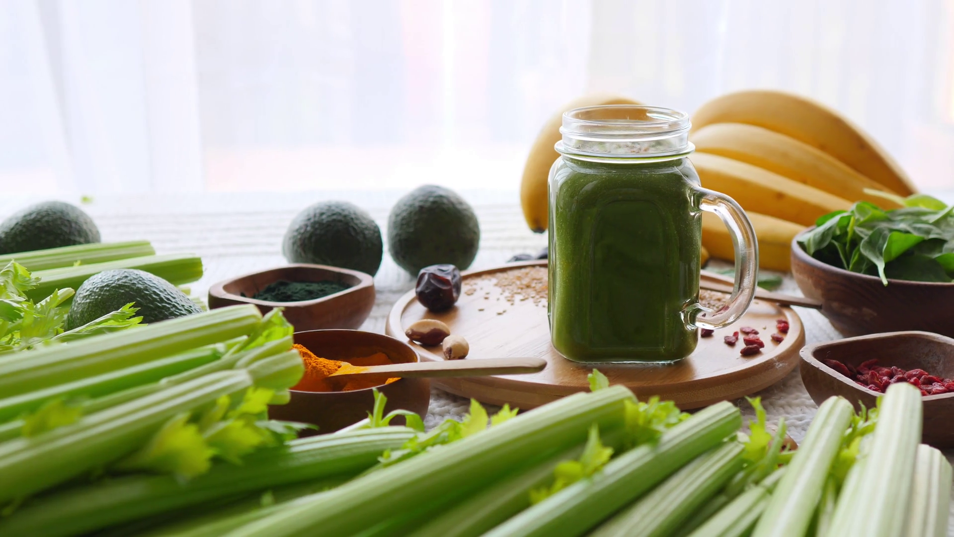 Green Smoothie With Superfoods Detox Healthy Stock Footage SBV