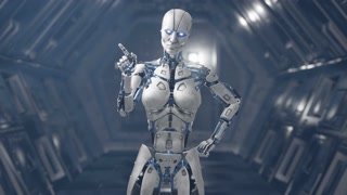Scary Humanoid Robot cyborg Waging its Finger in a threatening manner refusing to obey commands 3D animation version 02