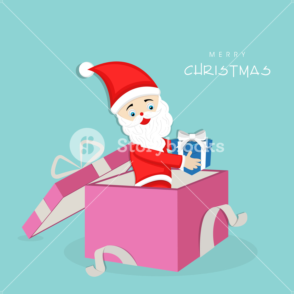Cute Santa Claus standing in a pink gift box with a gift in his hand ...