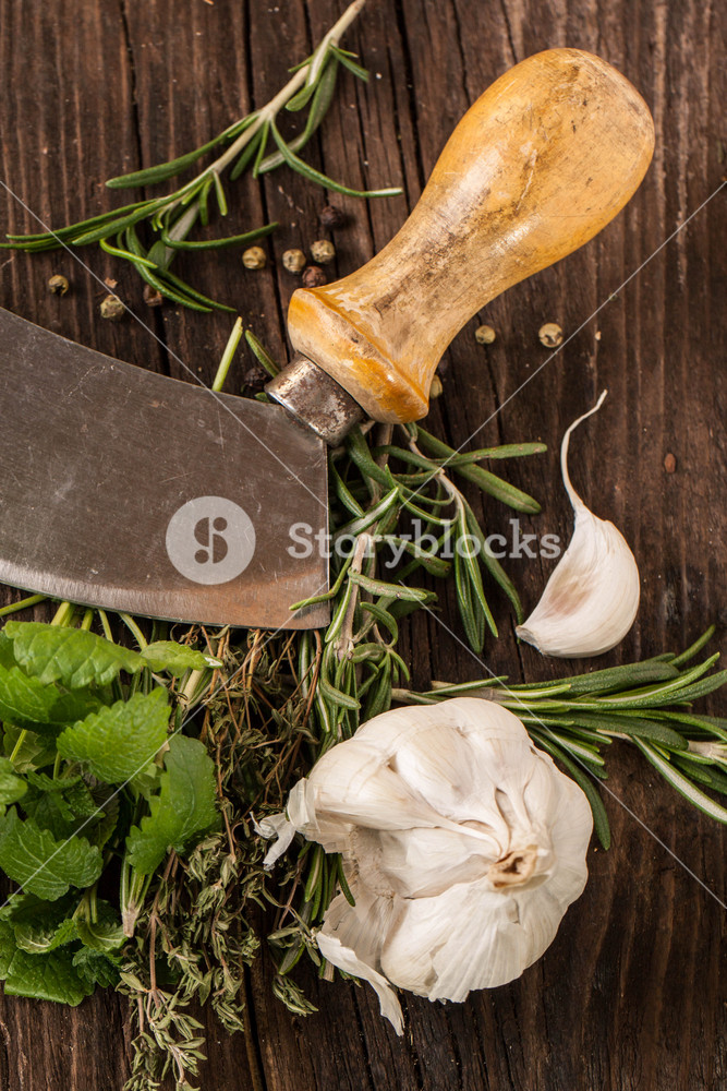 Garlic, Knife And Herbs RoyaltyFree Stock Image Storyblocks