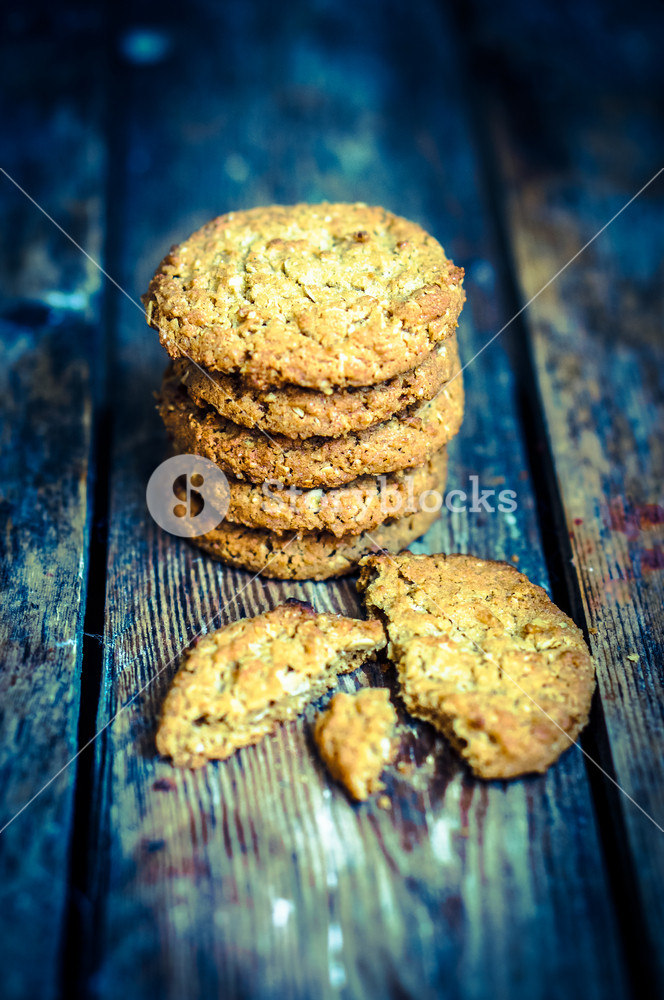 Vintage Oatmeal Cookies On Rustic Wooden Background