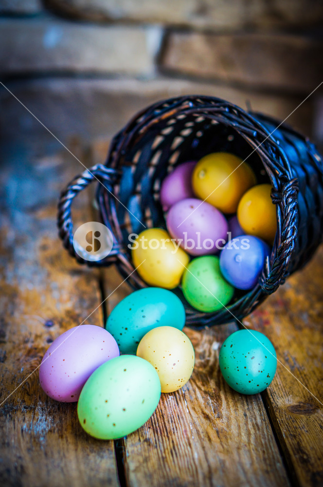 Easter Eggs In The Basket On Rustic Wooden Background Royalty Free Stock Image Storyblocks