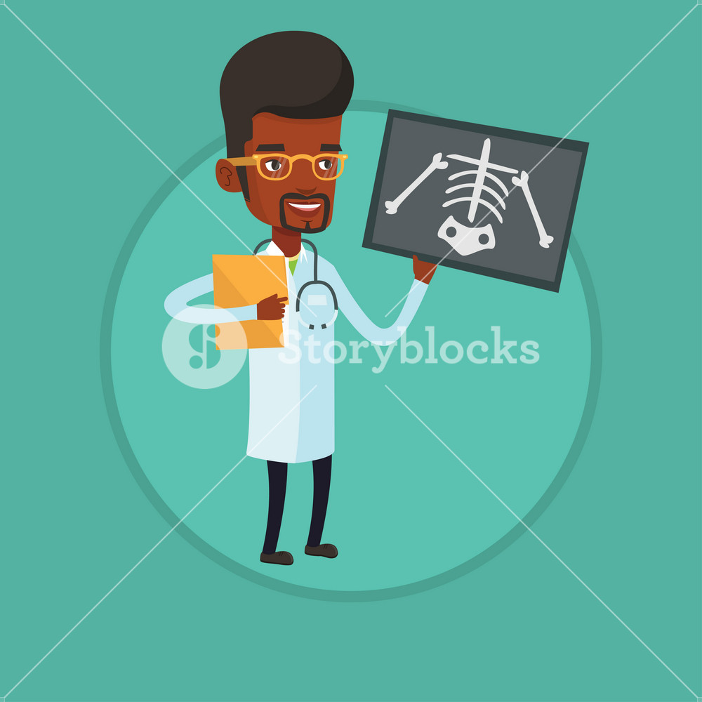 Doctor examining a chest radiograph. Young doctor observing a skeleton radiograph. Vector illustration in circle.