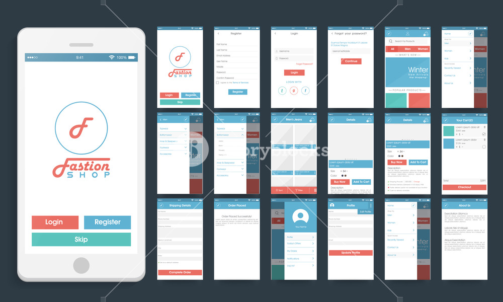 Online Shopping User Interface layout with different creative screens for Smartphone.