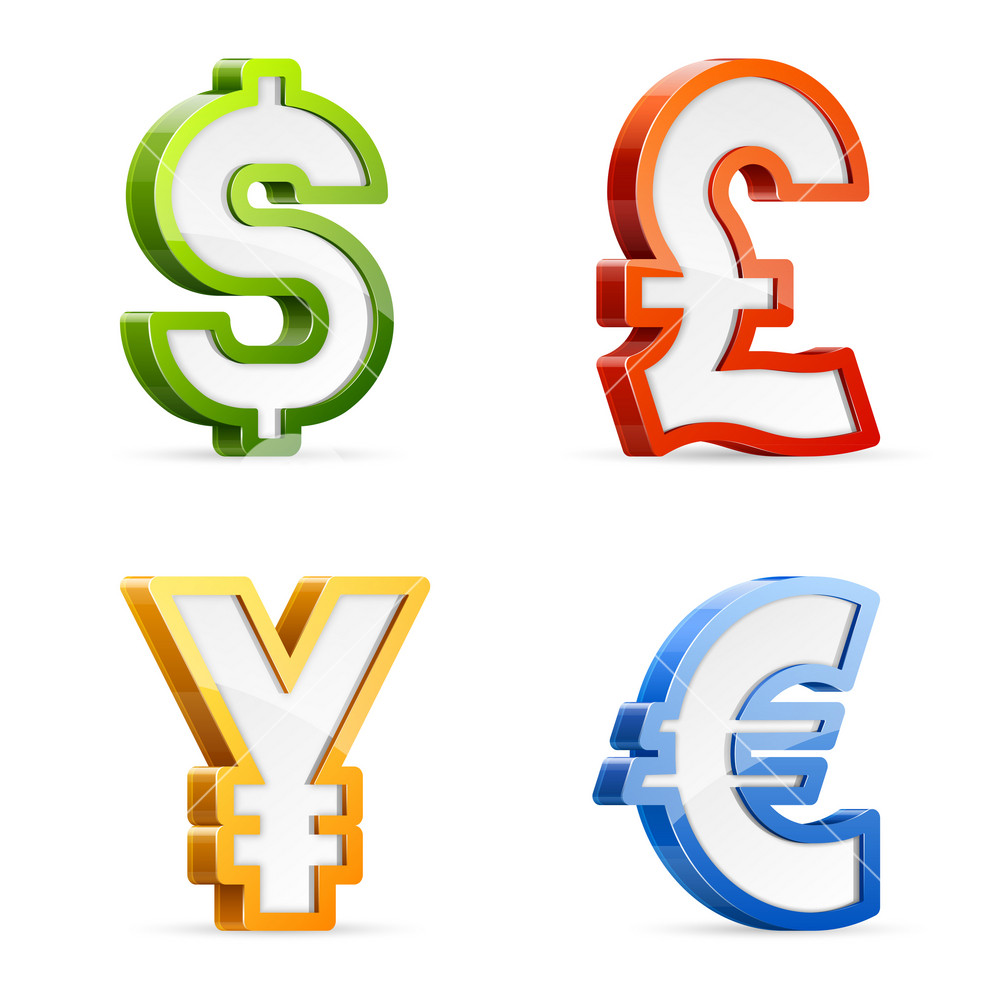 Vector set of glossy colorful currency symbols