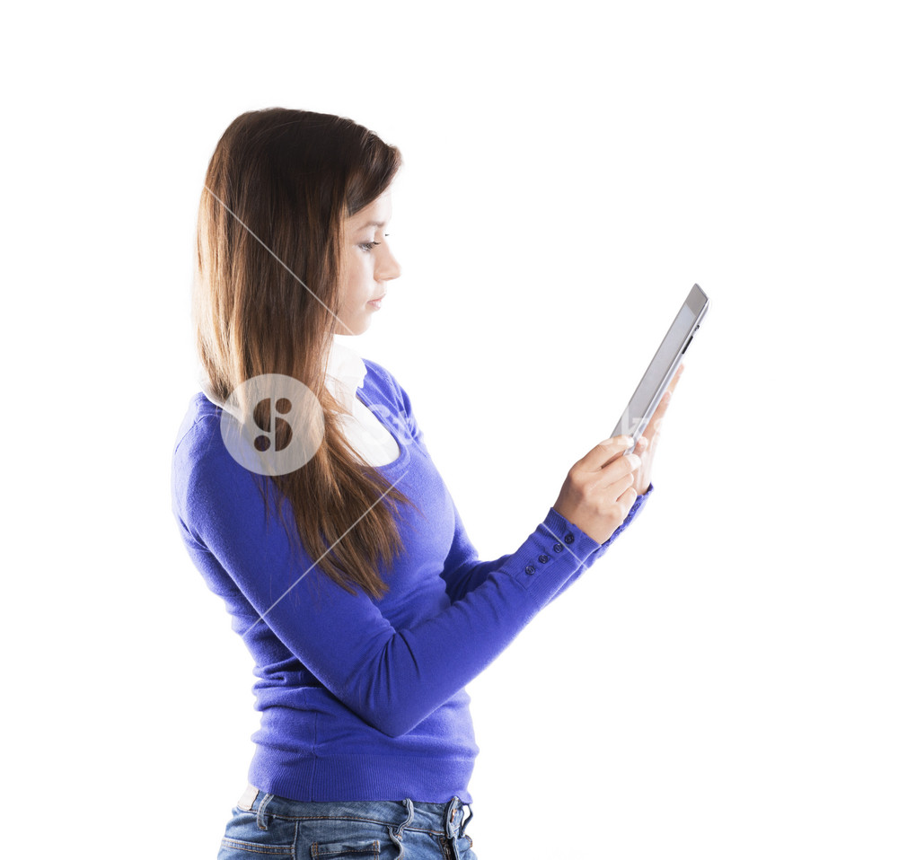Woman with pc tablet is isolated on white background Royalty-Free Stock ...