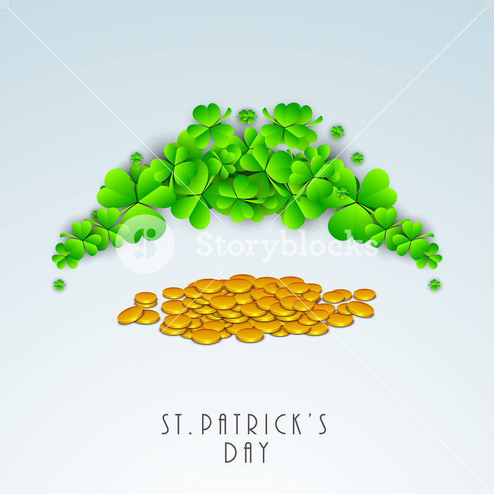 Happy St. Patricks Day Concept With Clover Leaves And Gold Coins On ...