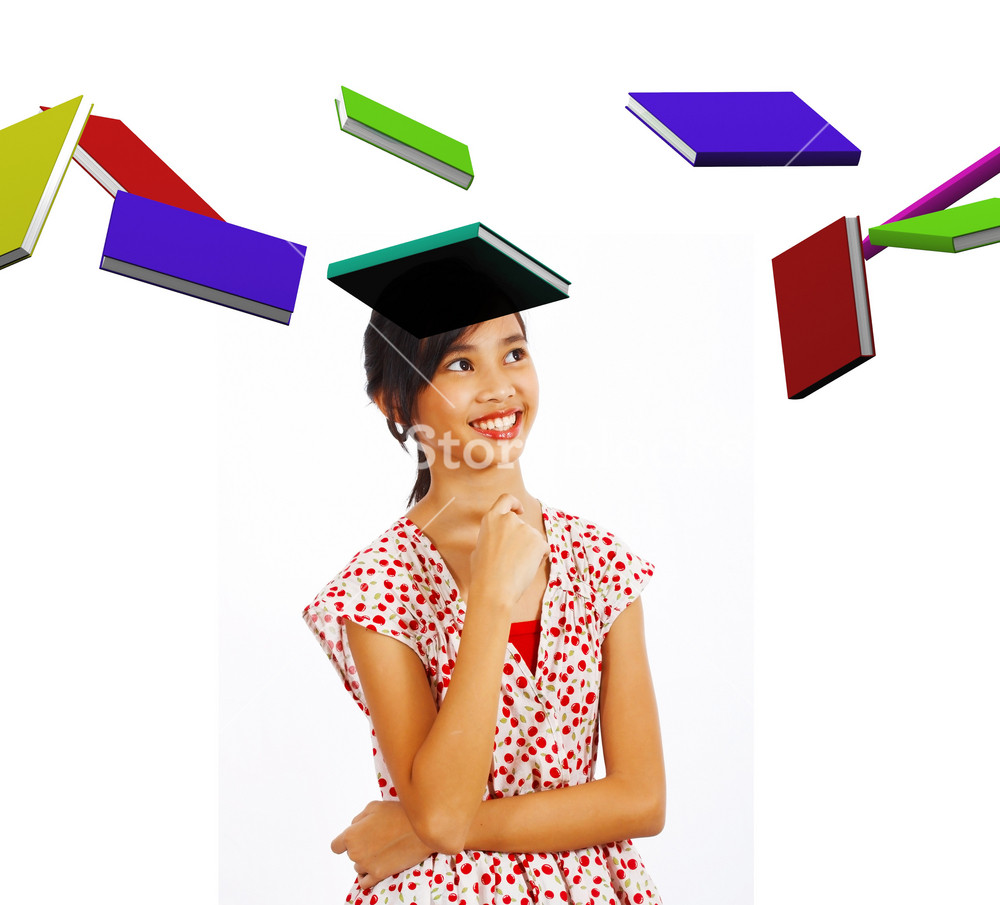 Young Student Smiling At Books Flying